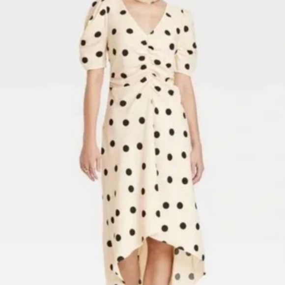 NWT A New Day Crepe Short Sleeve Midi Dress Beige Polka DotThe puff short-sleeve - Picture 2 of 5